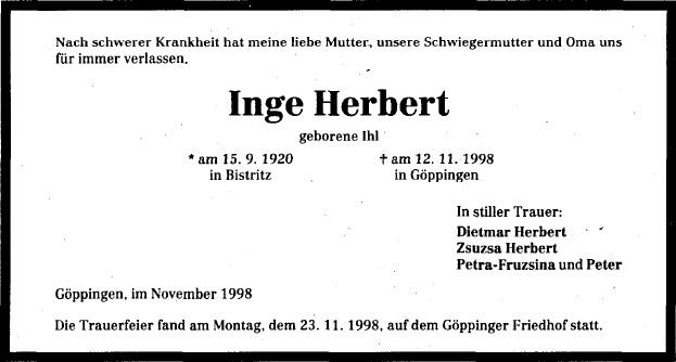 Ihl Inge 1920-1998 Todesanzeige